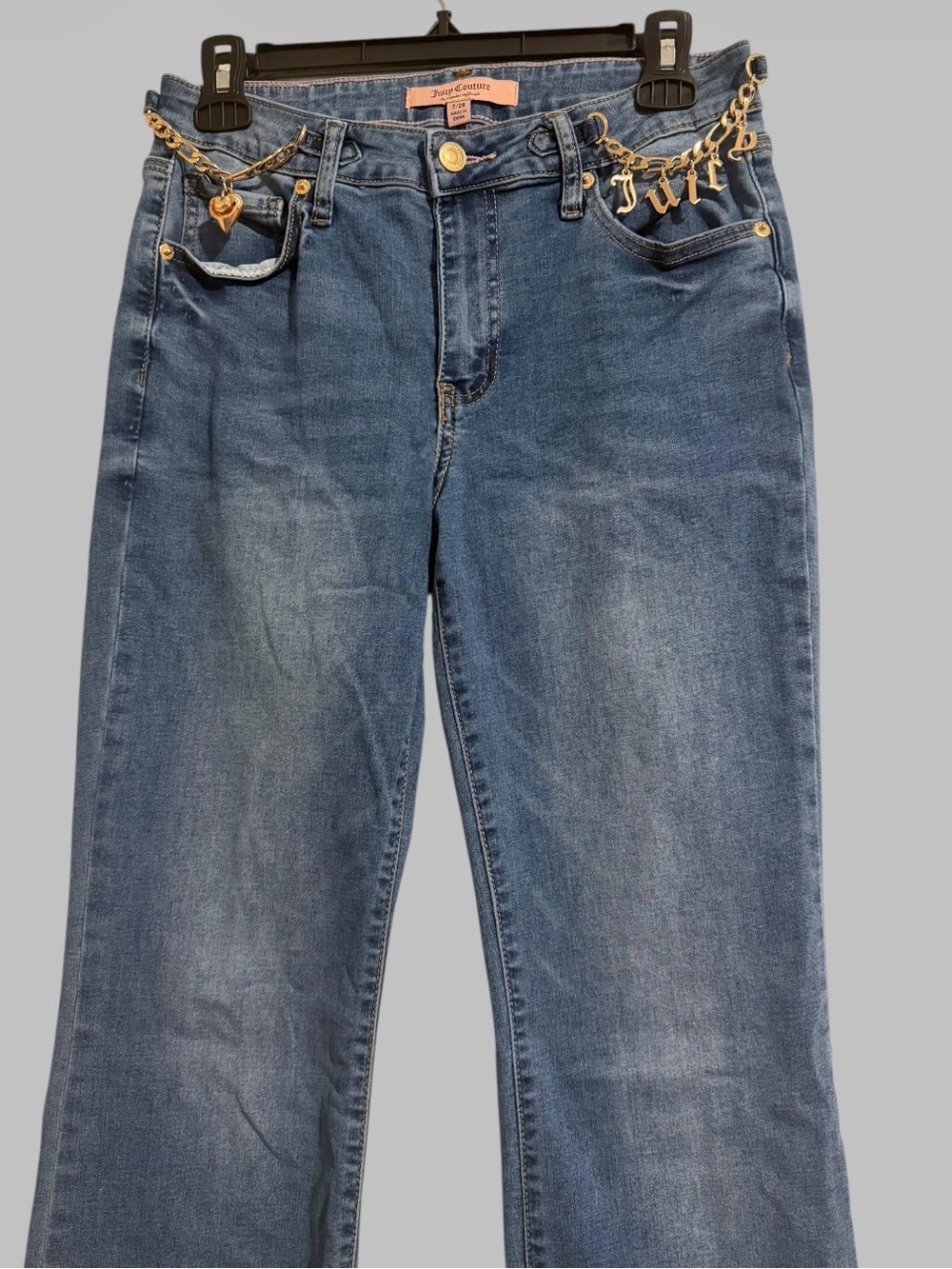 Juicy Couture Size 28 Medium Blue Boot Cut Jeans with Gold Chain Detail